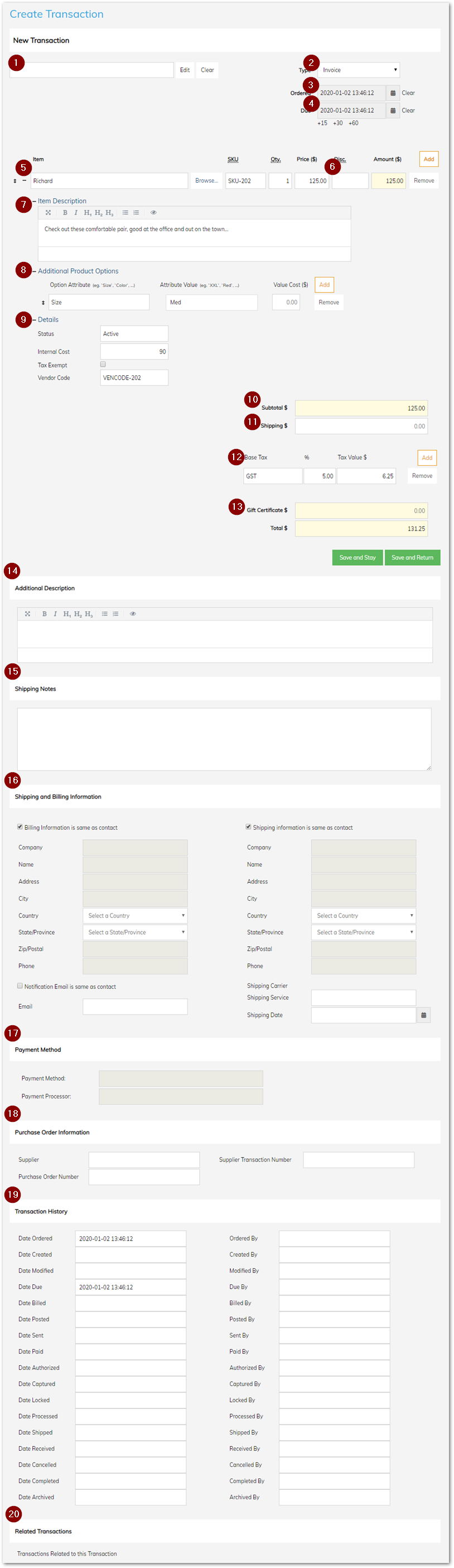 The Create Transaction screen